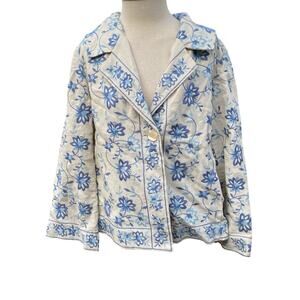 Stunning J Jill Women’s Beige/Blue Floral Embroidered Boho Linen Jacket Blazer M